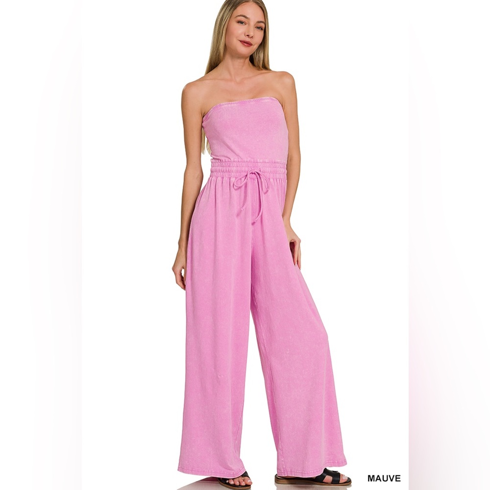 Zenana Outfitters Mauve Strapless Wide-Leg Jumpsuit